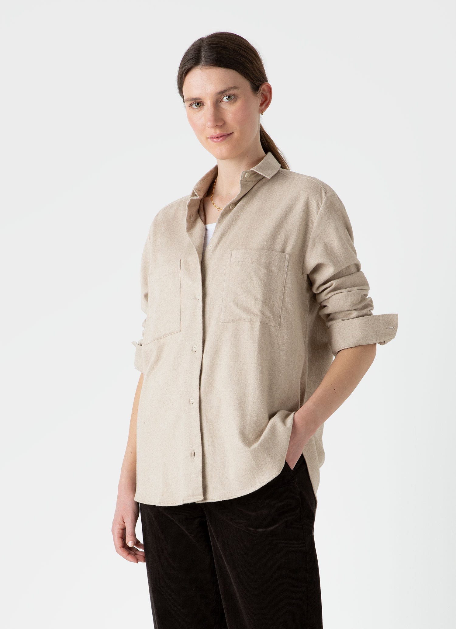 Women's Oversized Flannel Shirt in Oatmeal Melange | Sunspel