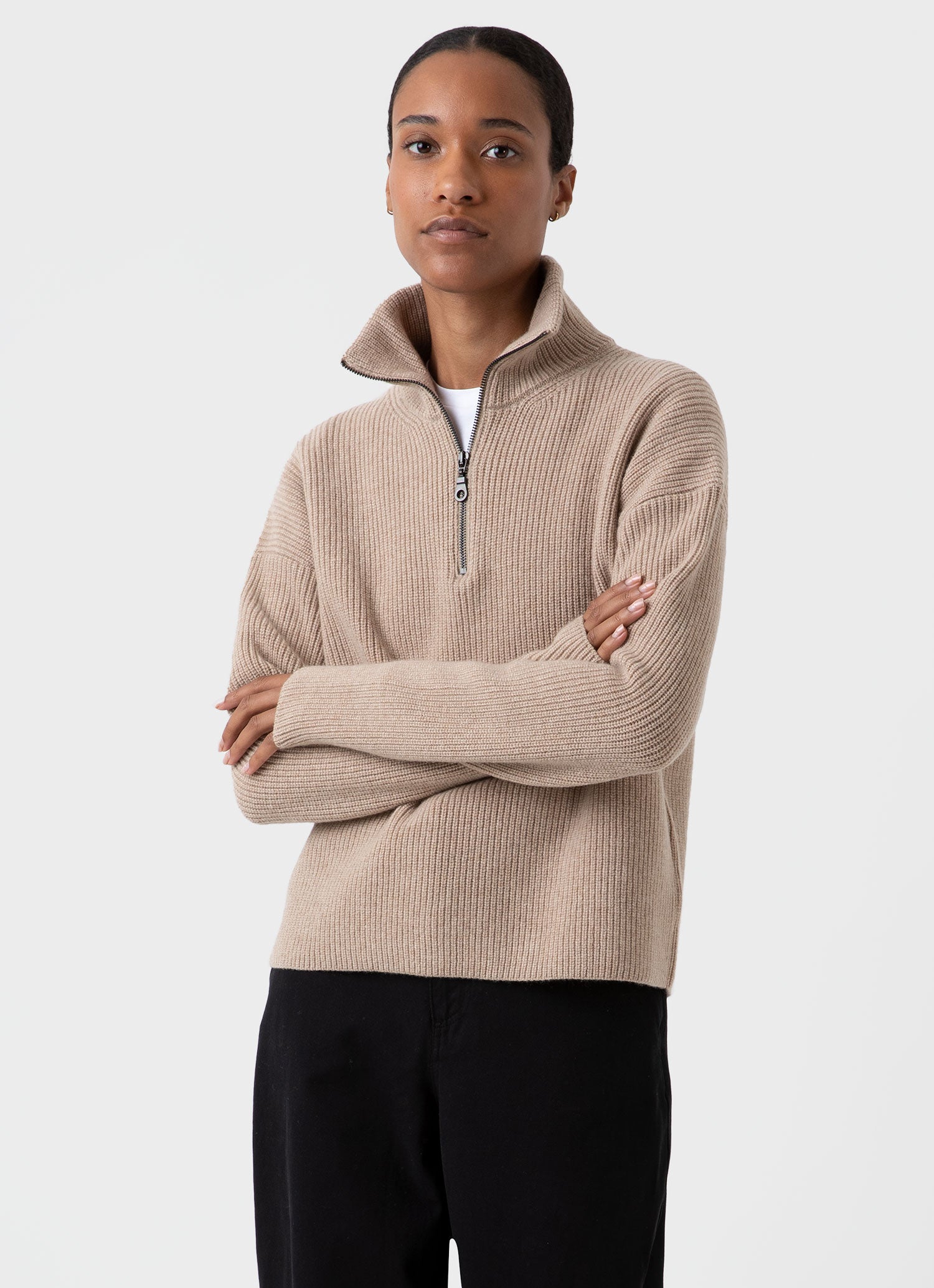 OVERSIZED CASHMERE-BLEND HALF-ZIP JUMPER - LIGHT BEIGE MÉLANGE