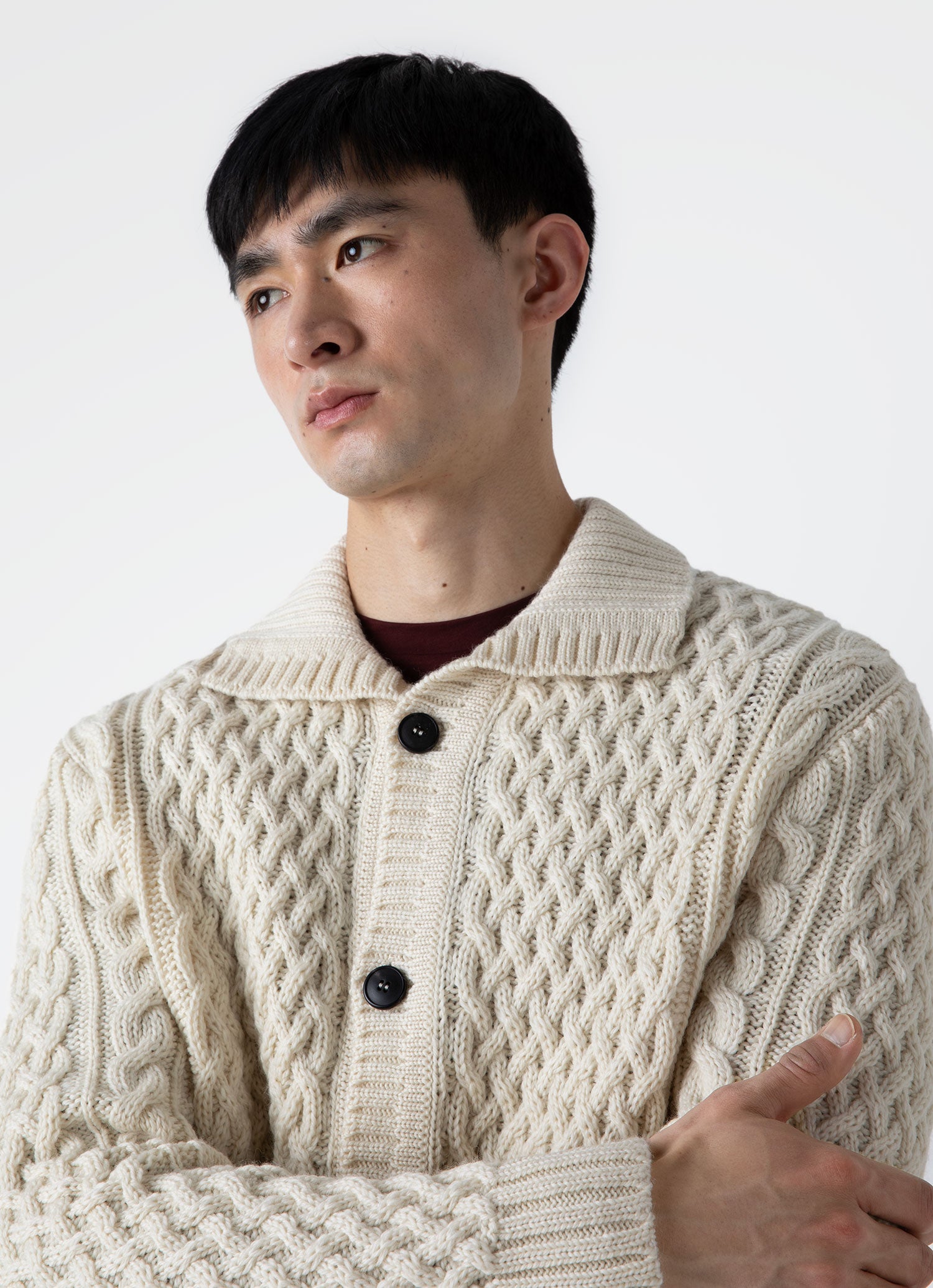 Men's Cable Knit Cardigan Jacket in Ecru | Sunspel