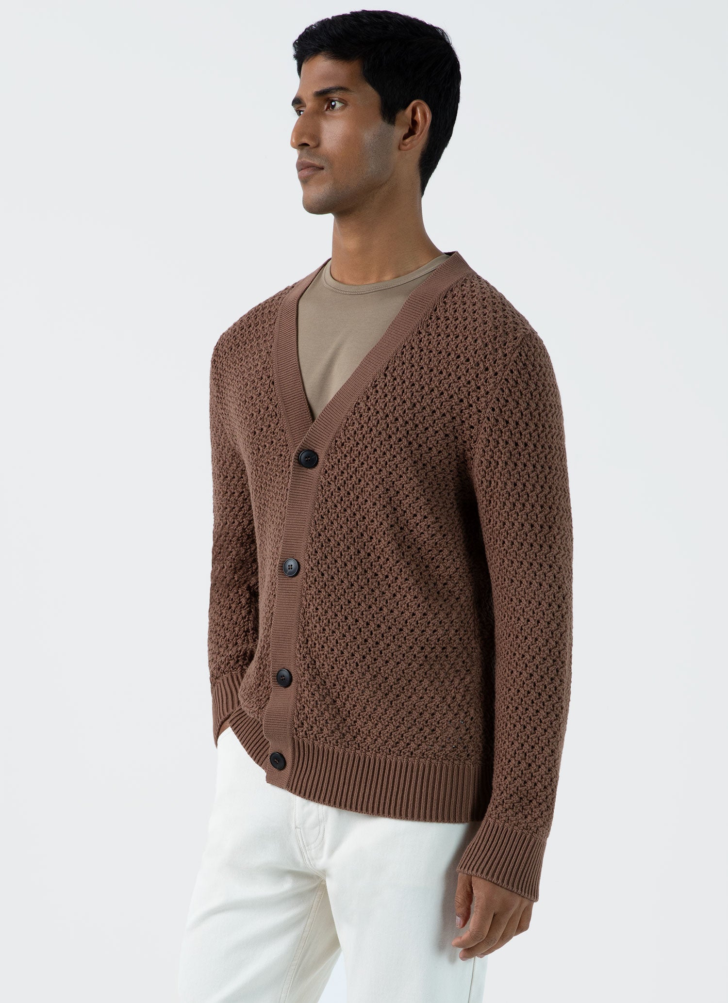 Men s Open Stitch Cardigan in Brown Sunspel