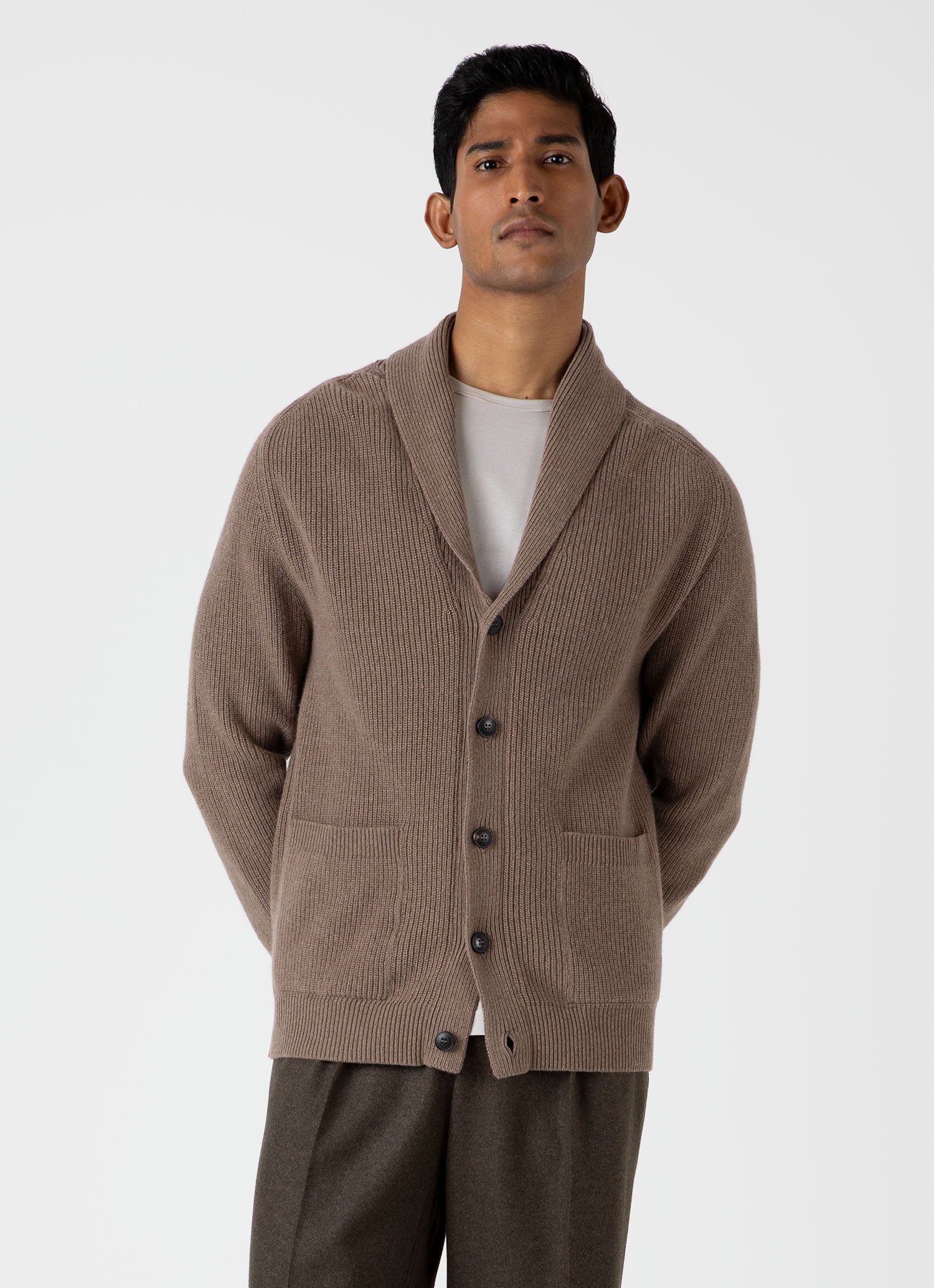 Men s Shawl Neck Cardigan in Sandstone Sunspel