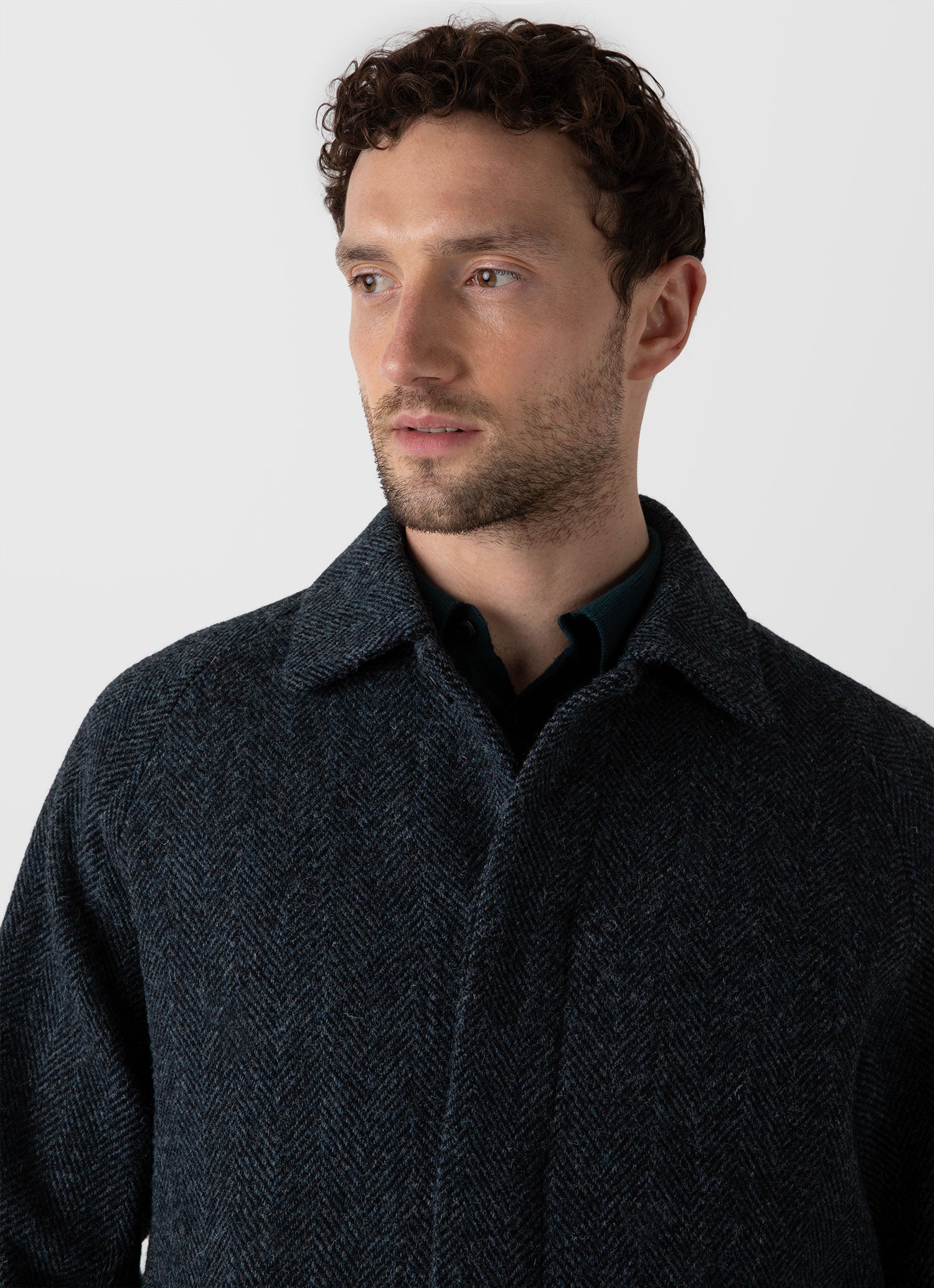 Men's Harris Tweed Car Coat in Blue Herringbone | Sunspel