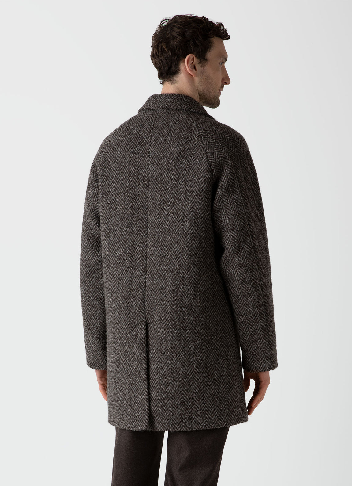 Men's British Wool Car Coat in Brown Herringbone | Sunspel