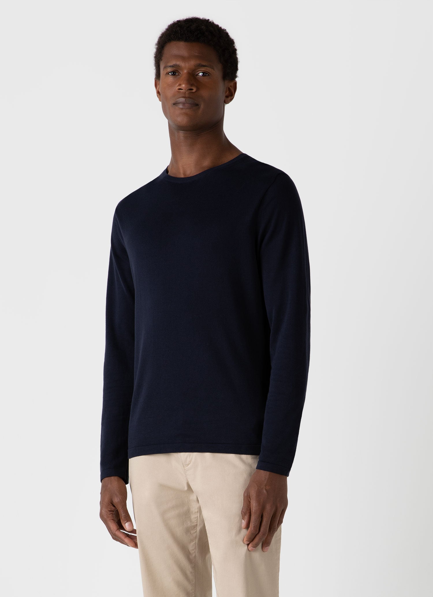 Men s Sea Island Cotton Crew Neck Jumper in Light Navy Sunspel