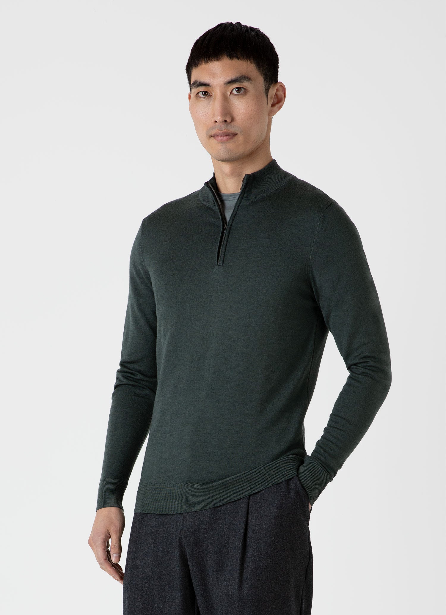 Men's Extra-Fine Merino Zip Neck in Drill Green