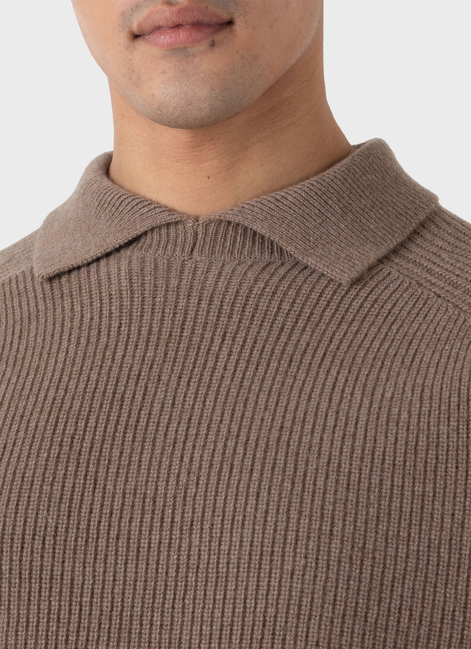 Men's Ribbed Polo Neck Jumper in Sandstone