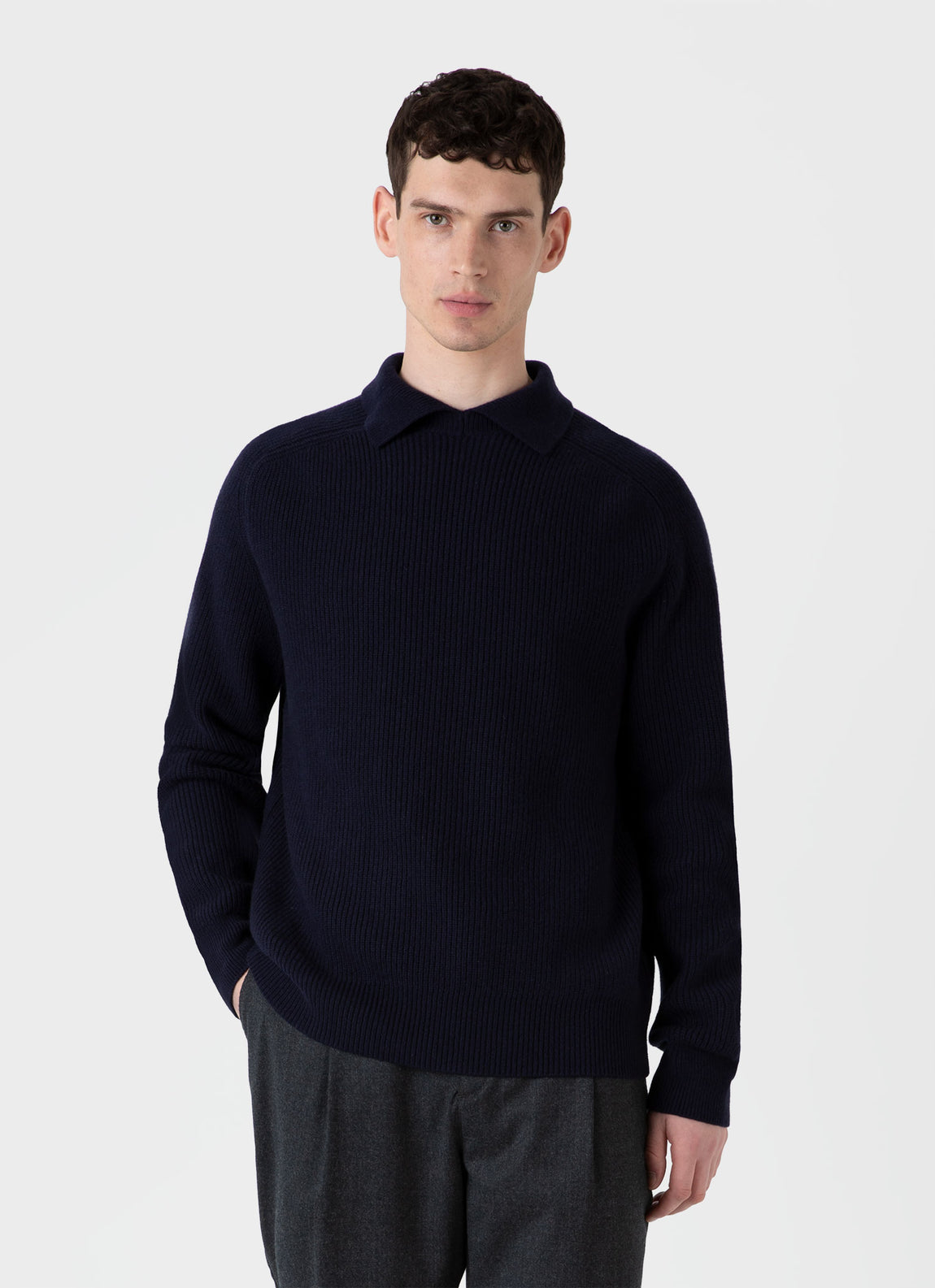 Men's Ribbed Polo Neck Jumper in Navy