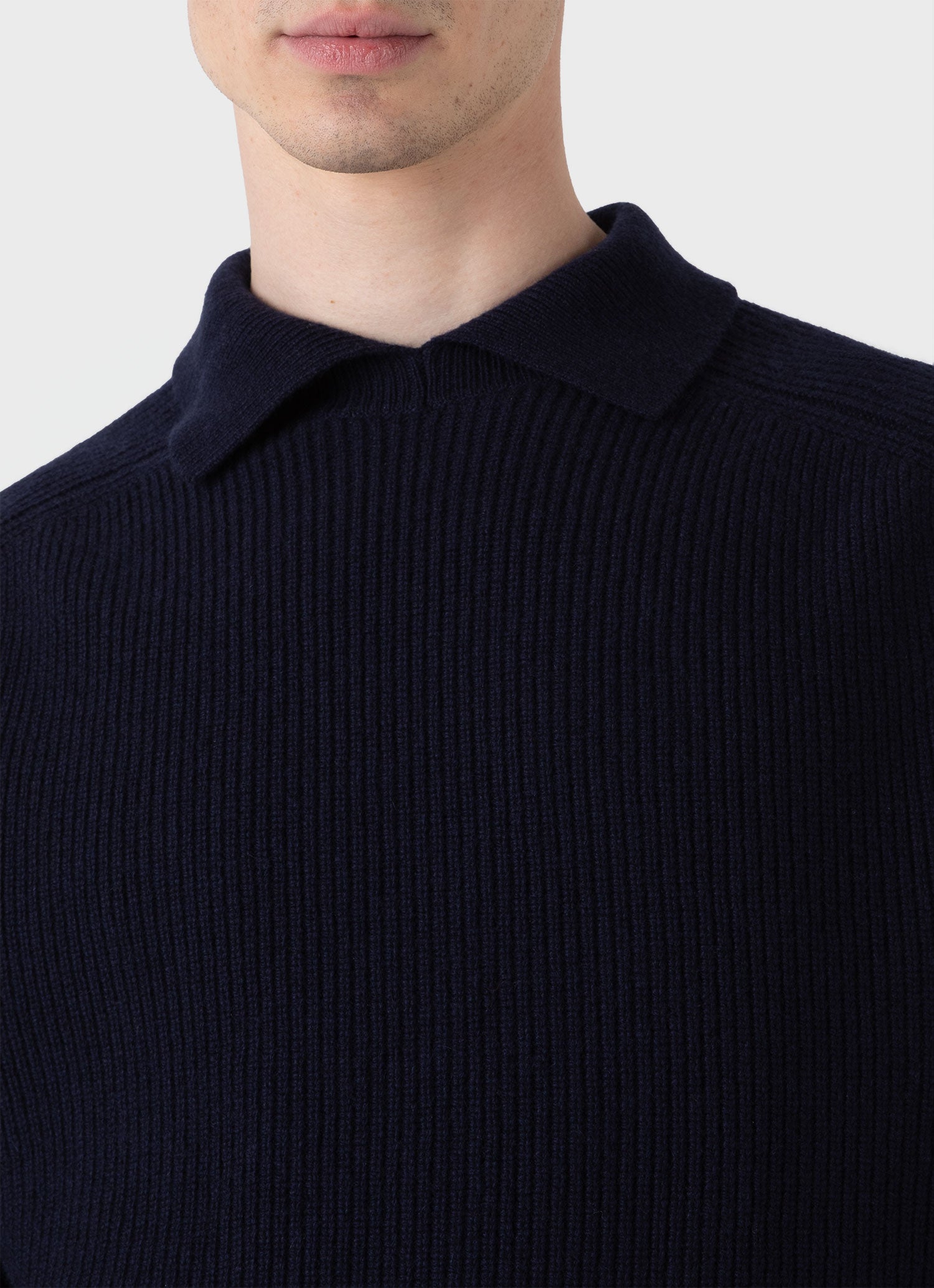 Men s Ribbed Polo Neck Jumper in Navy Sunspel