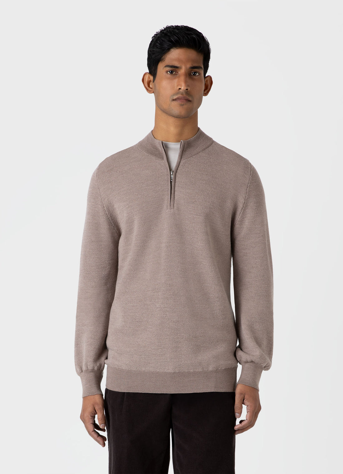 Men's Merino Honeycomb Zip Neck Jumper in Light Sandstone