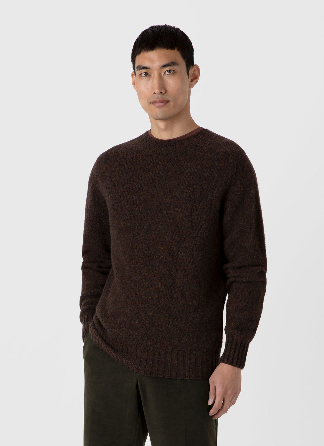 Men's Shetland Crew Neck Jumper in Dark Green Melange