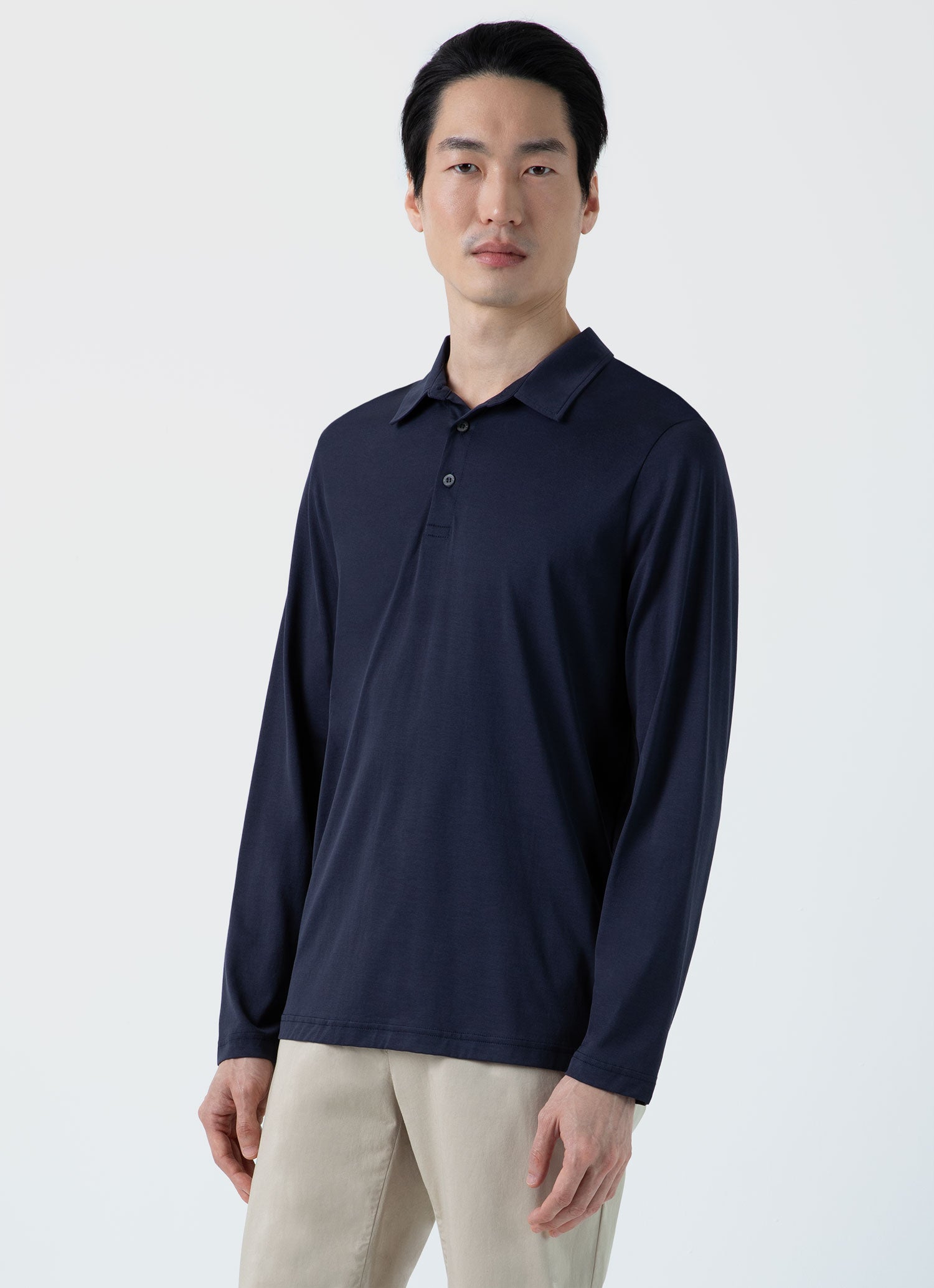 Men's Long Sleeve Jersey Polo Shirt in Navy | Sunspel