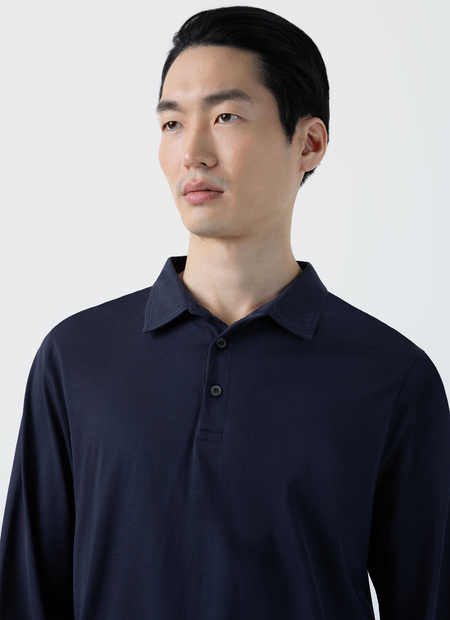 Men's Long Sleeve Jersey Polo Shirt in Navy | Sunspel