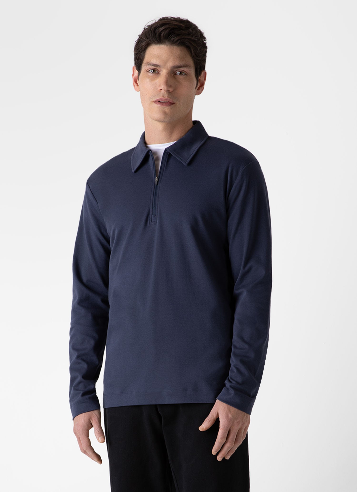 Men's Half Zip Heavyweight Polo Shirt in Navy | Sunspel