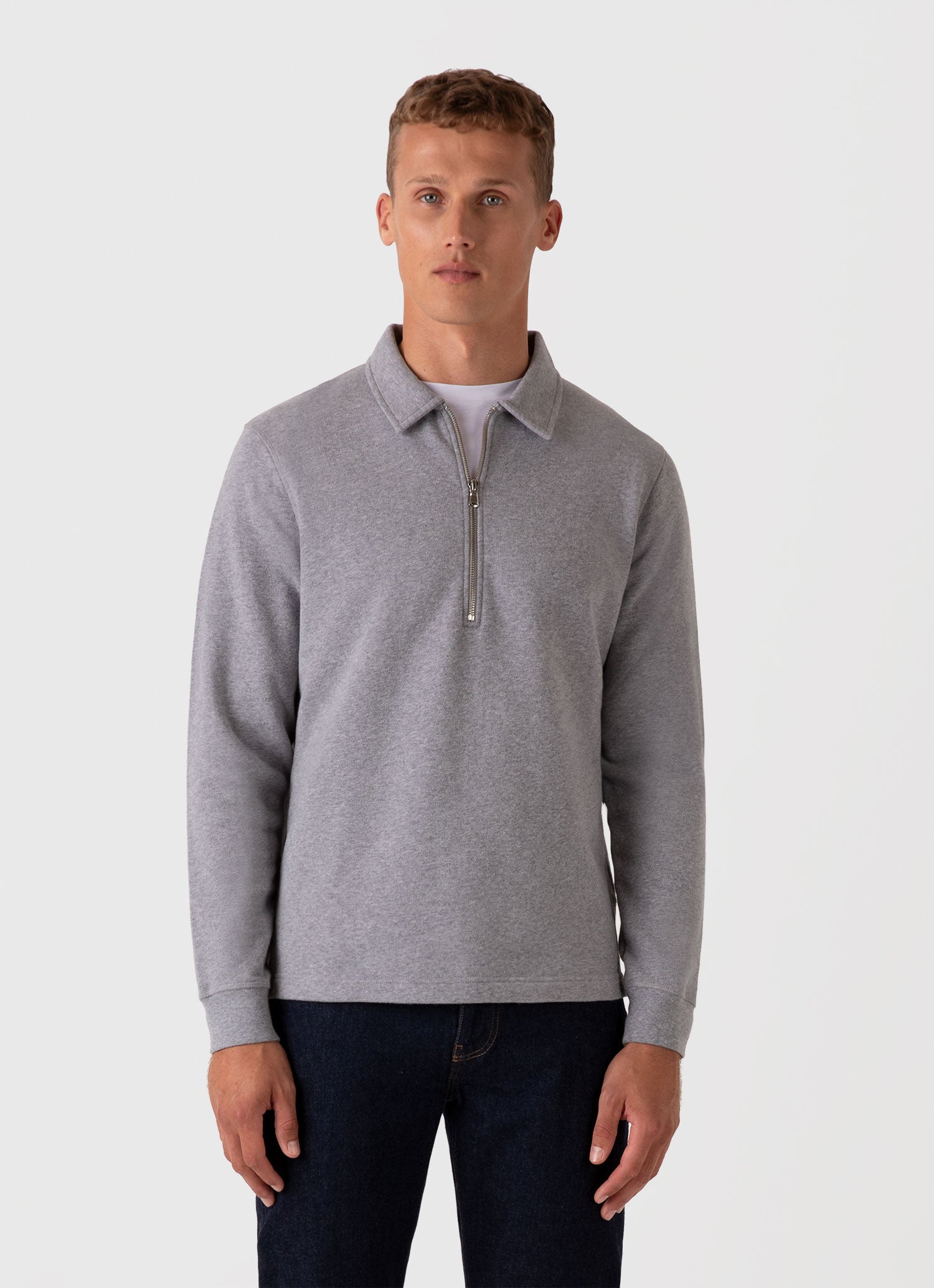 Men's Zip Polo Loopback Sweatshirt in Grey Melange