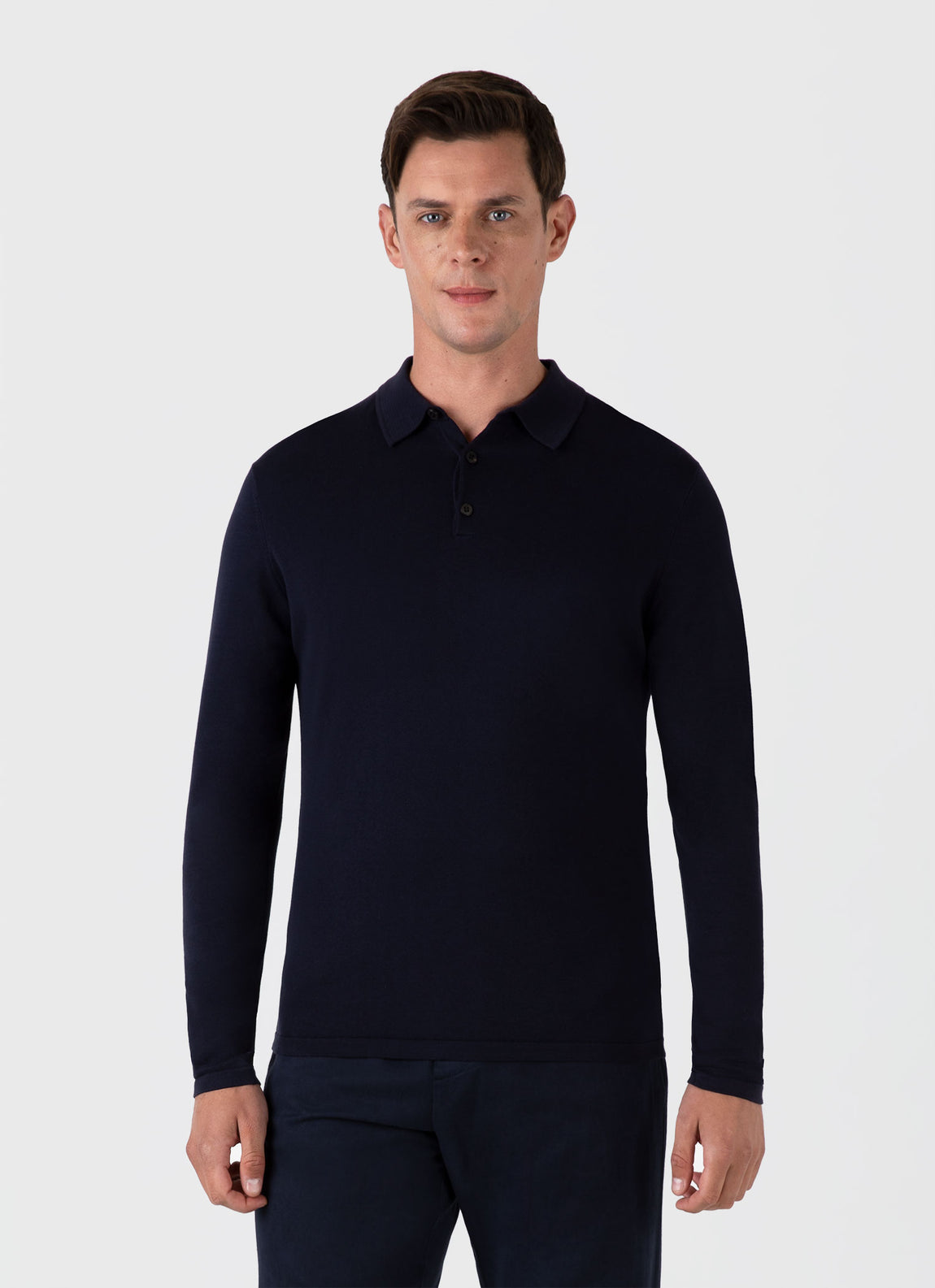 Men's Sea Island Cotton Long Sleeve Polo Shirt in Light Navy