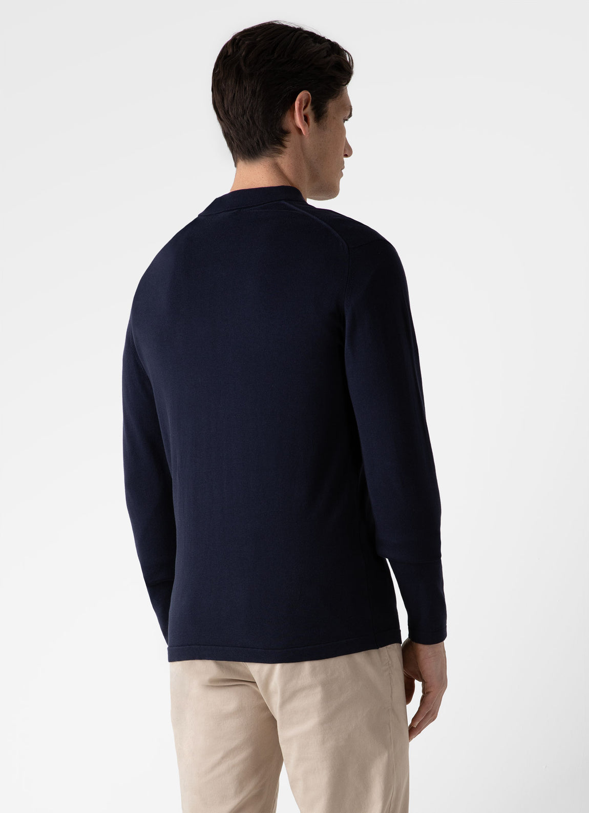 Men's Long Sleeve Sea Island Cotton Polo Shirt in Light Navy | Sunspel
