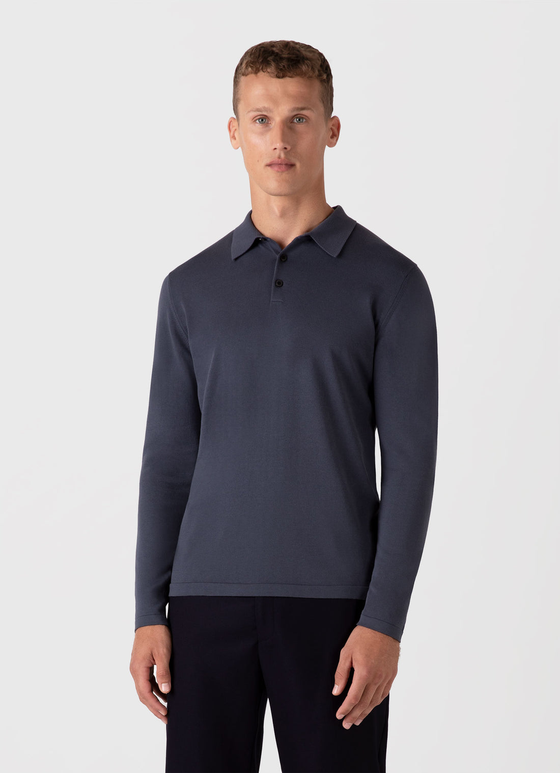 Men's Long Sleeve Sea Island Cotton Polo Shirt in Slate Blue