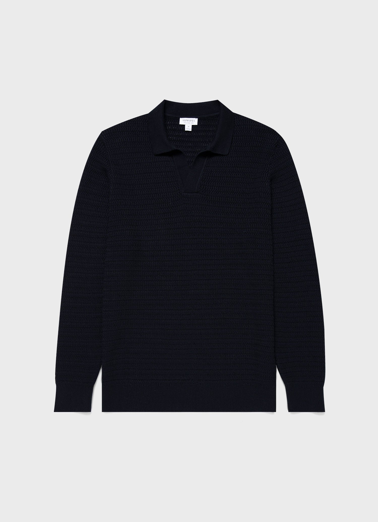 Men's Long Sleeve Textured Cotton Polo Shirt in Navy