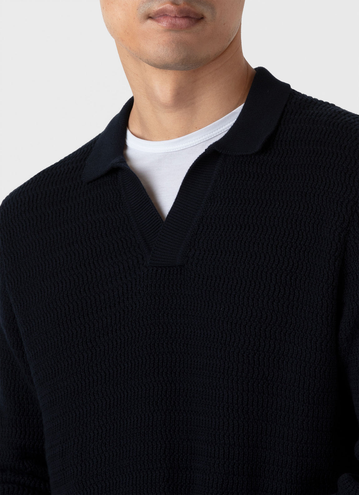 Men's Long Sleeve Textured Cotton Polo Shirt in Navy