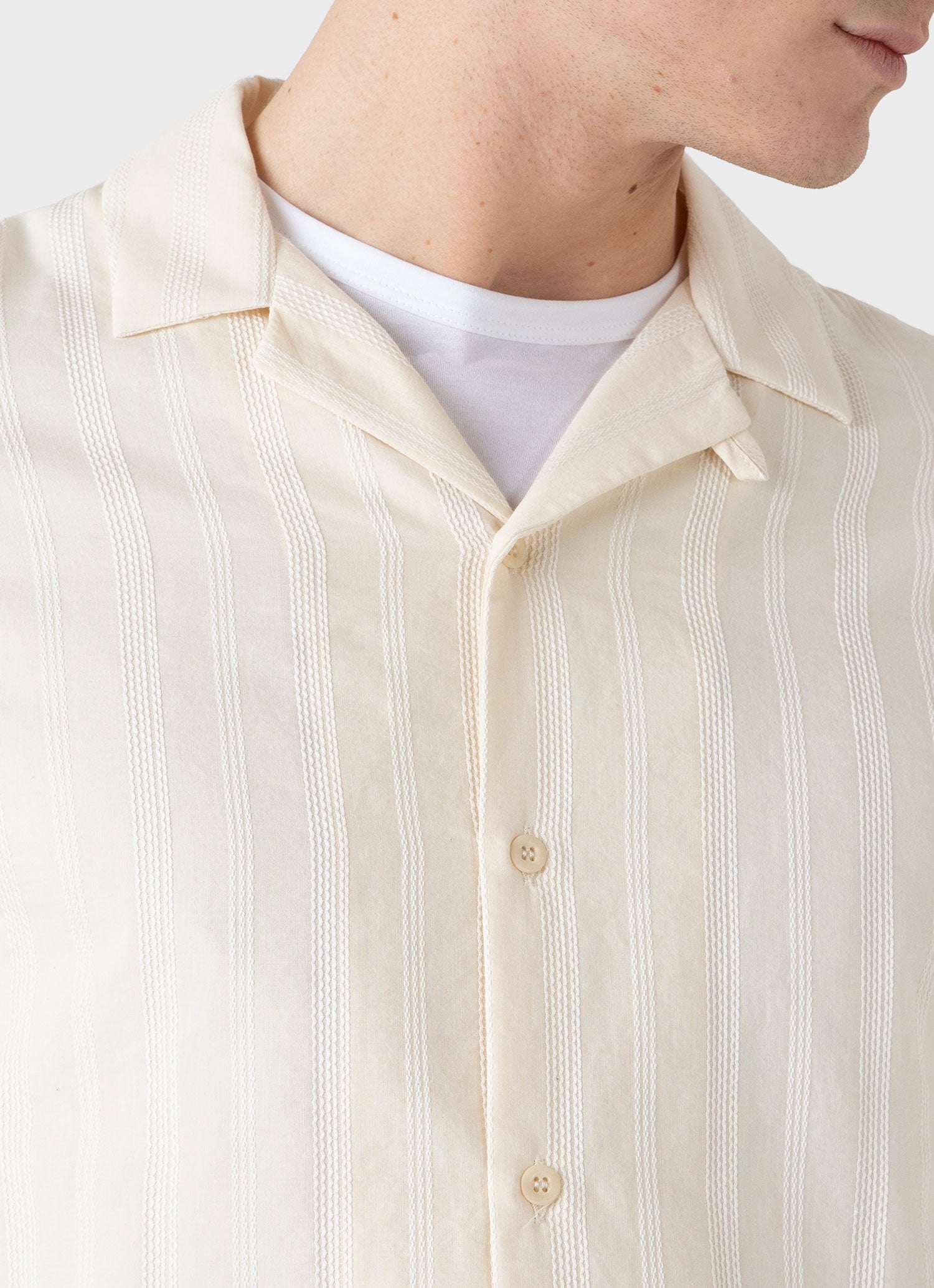 Men's Embroidered Stripe Long Sleeve Shirt in Ecru