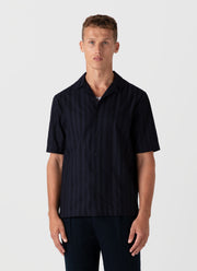 Men's Embroidered Stripe Camp Collar Shirt in Navy