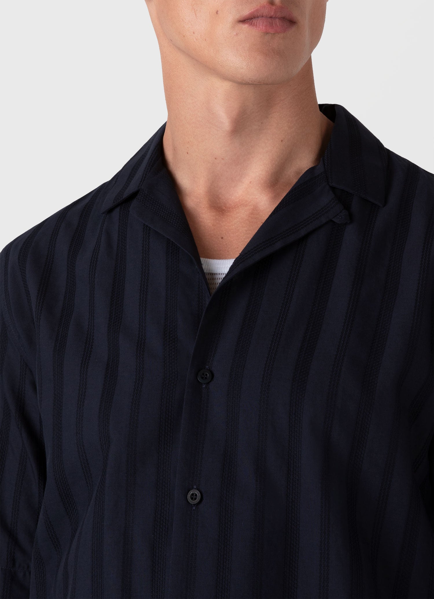 Men's Embroidered Stripe Camp Collar Shirt in Navy