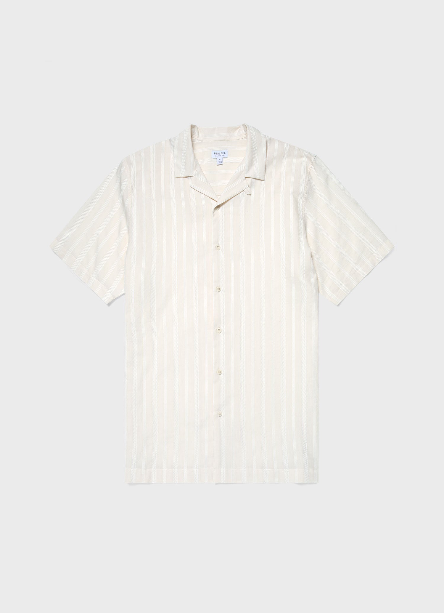 Men's Embroidered Stripe Camp Collar Shirt in Ecru | Sunspel