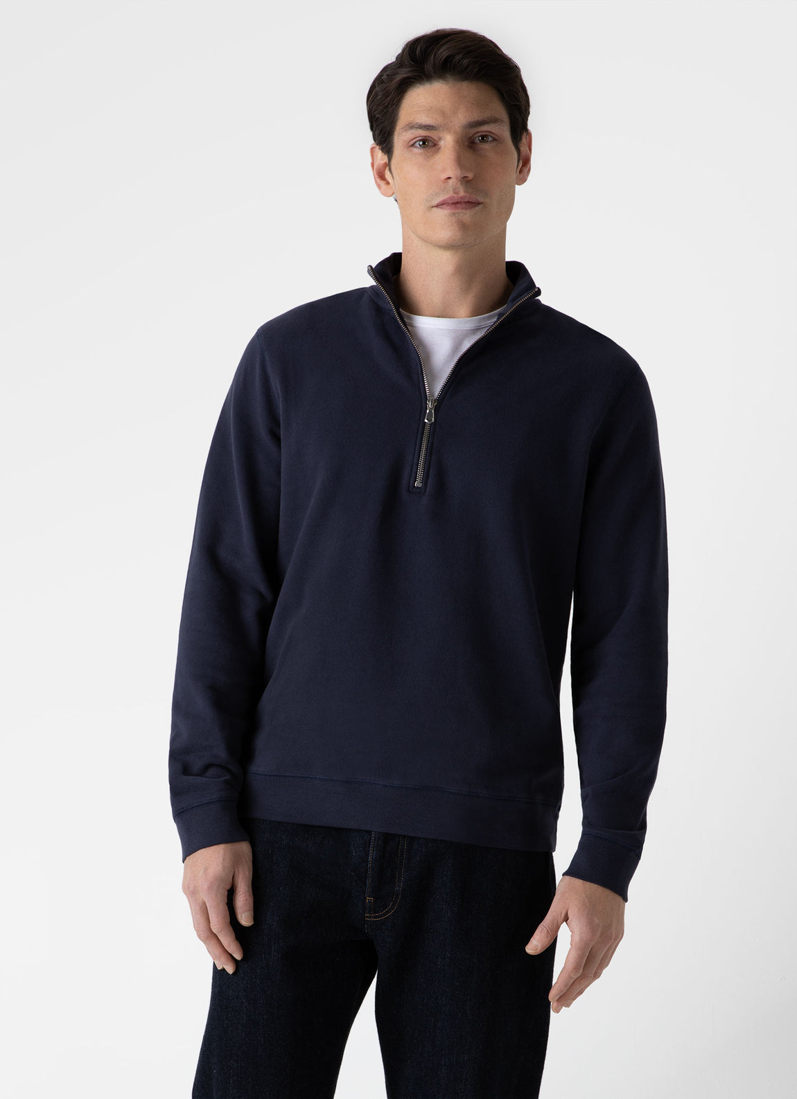 Men's Half Zip Loopback Sweatshirt in Navy | Sunspel