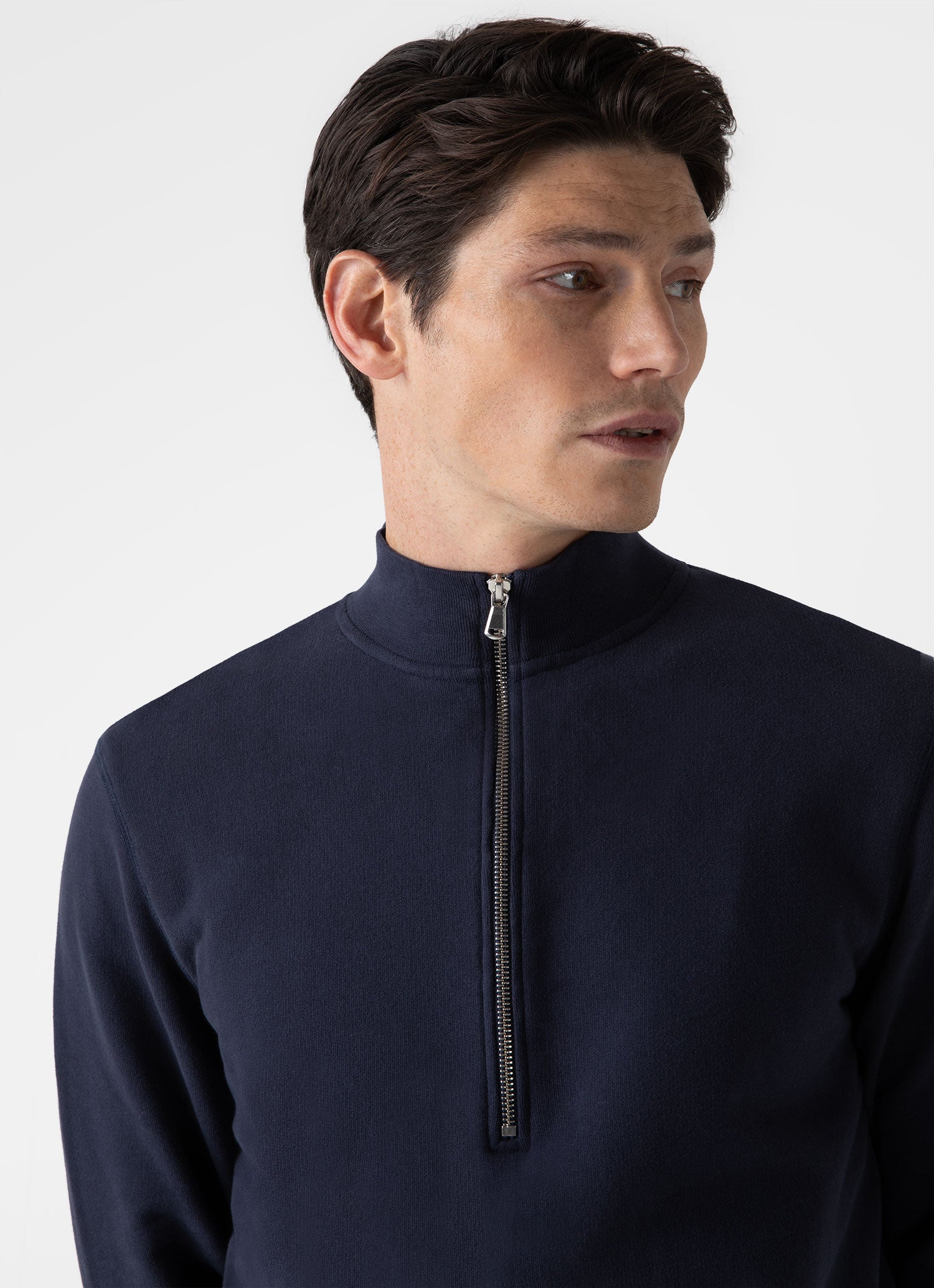 Men's Half Zip Loopback Sweatshirt in Navy | Sunspel