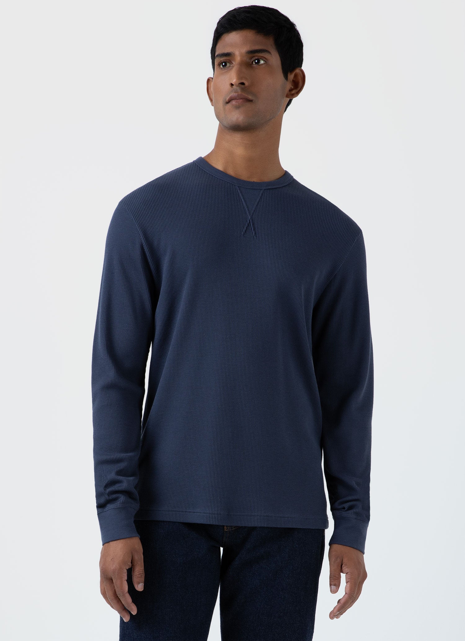 Men s Long Sleeve Waffle T shirt in Slate Blue Sunspel