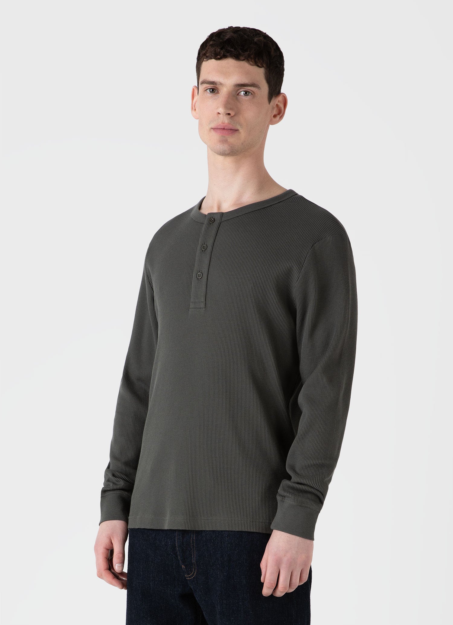 Men's Long Sleeve Waffle Henley in Drill Green