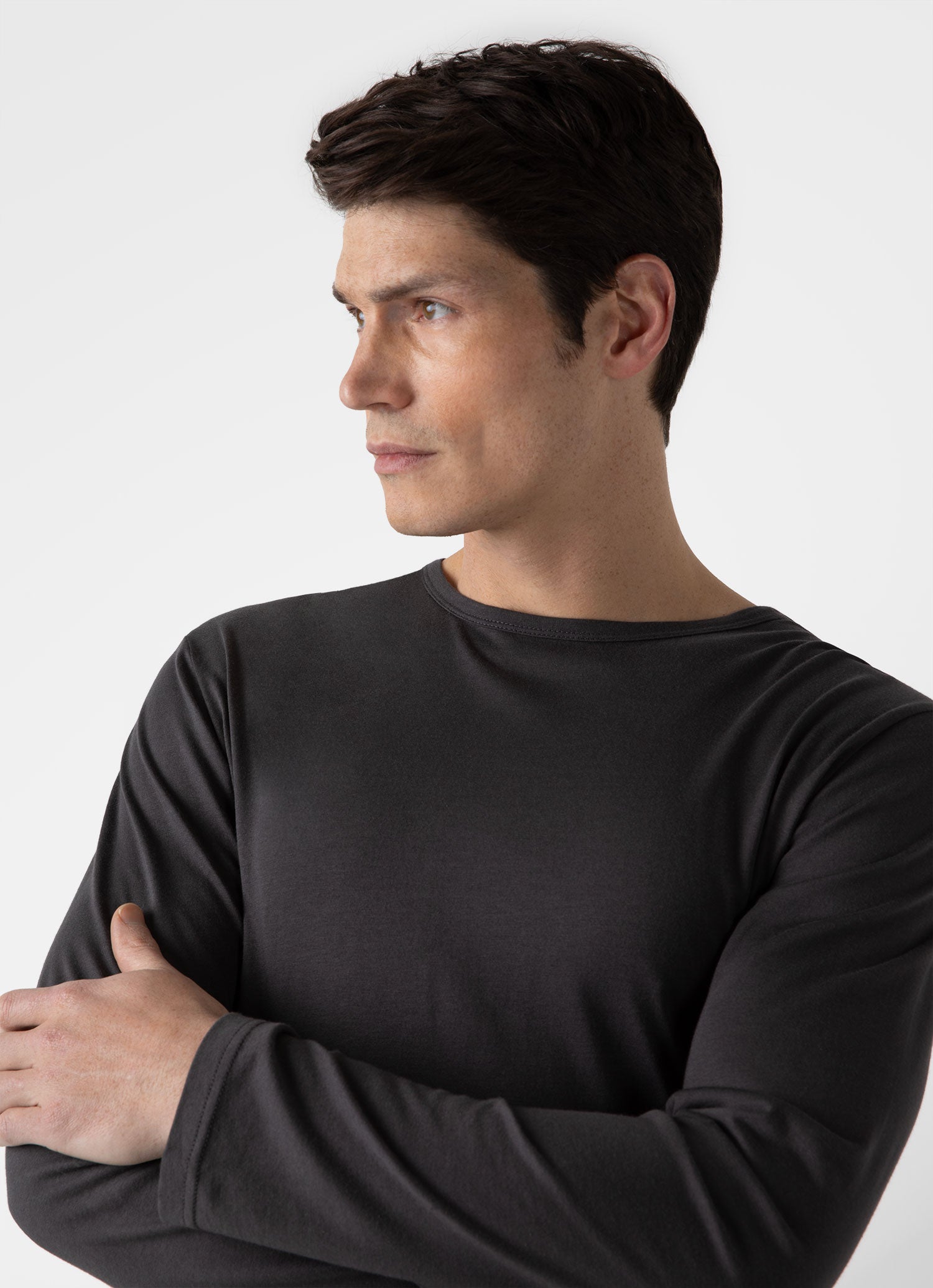 Men's Long Sleeve Cotton Modal Lounge T-shirt in Charcoal | Sunspel