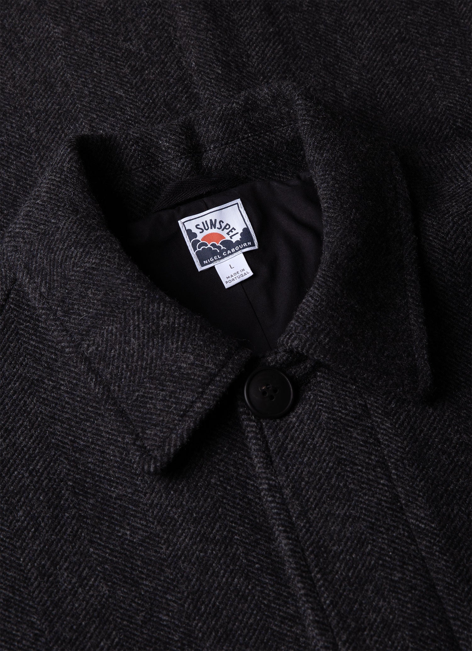 Men's Sunspel x Nigel Cabourn Balmacaan Wool Cashmere Coat in Charcoal Herringbone