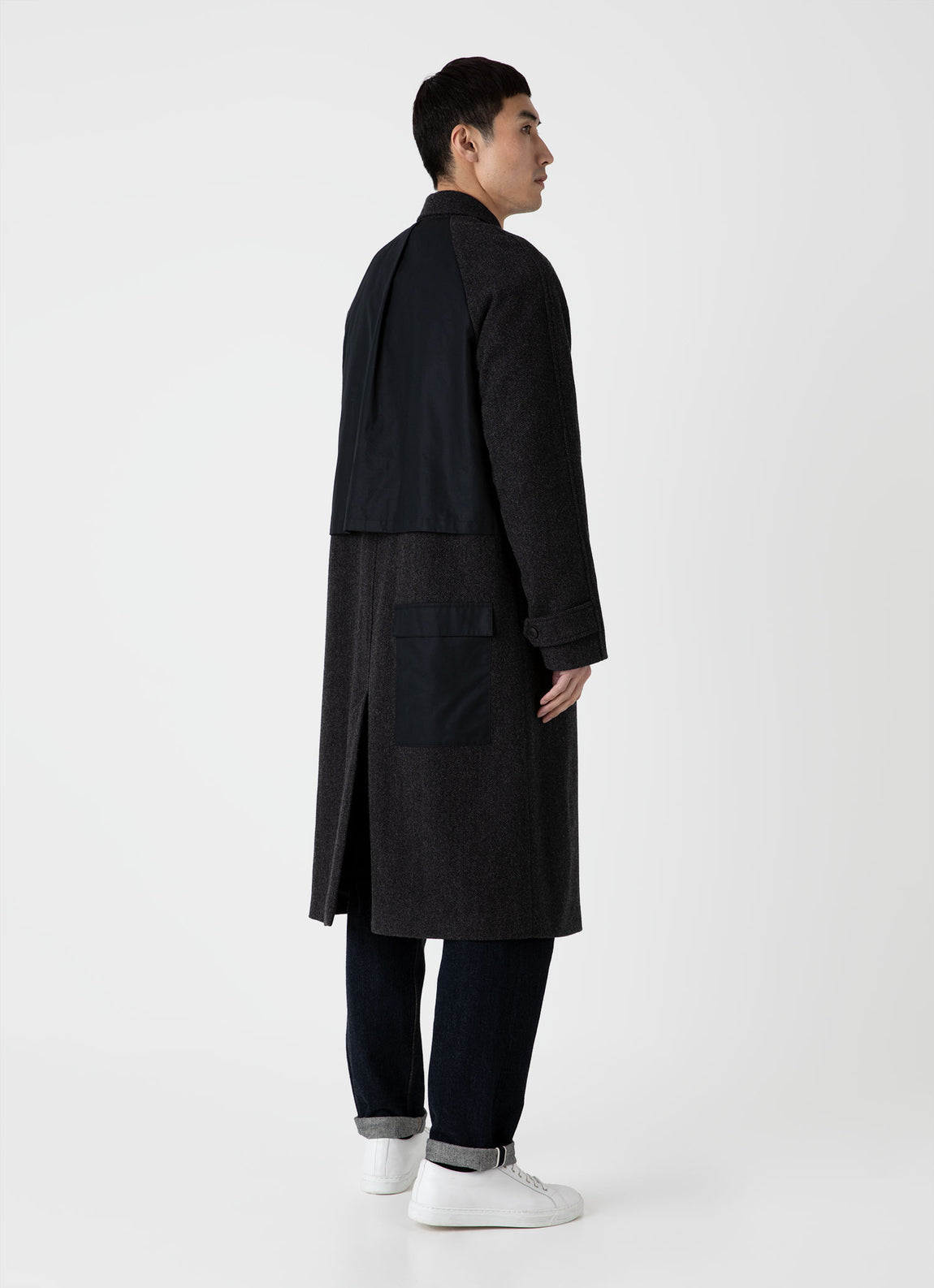 Men's Sunspel x Nigel Cabourn Balmacaan Wool Cashmere Coat in Charcoal Herringbone