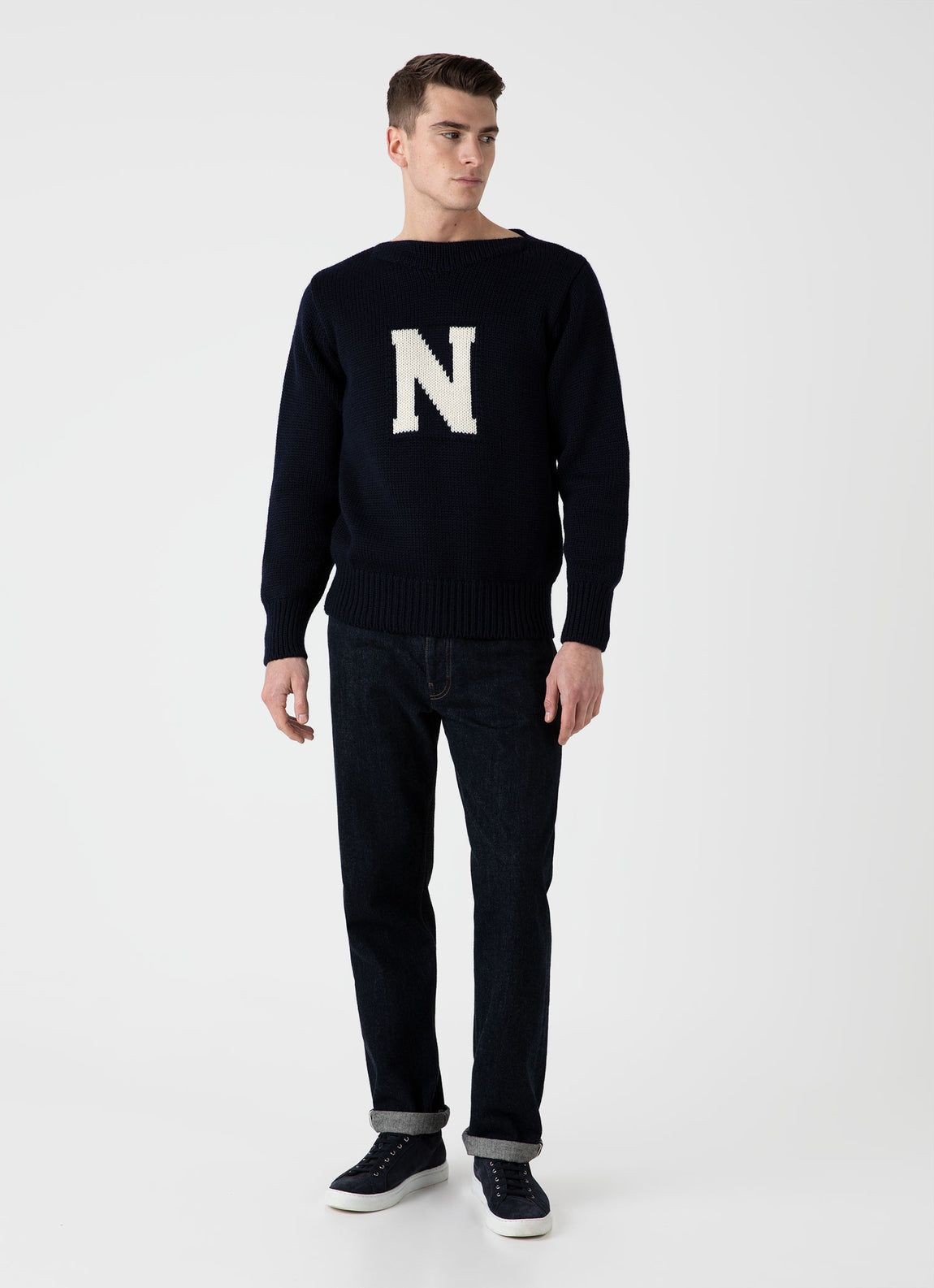 Men's Sunspel x Nigel Cabourn Wide Neck Crew in Navy