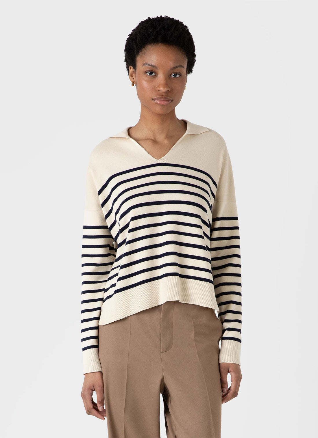 Women's Open Neck Jumper in Ecru/Navy Breton Stripe