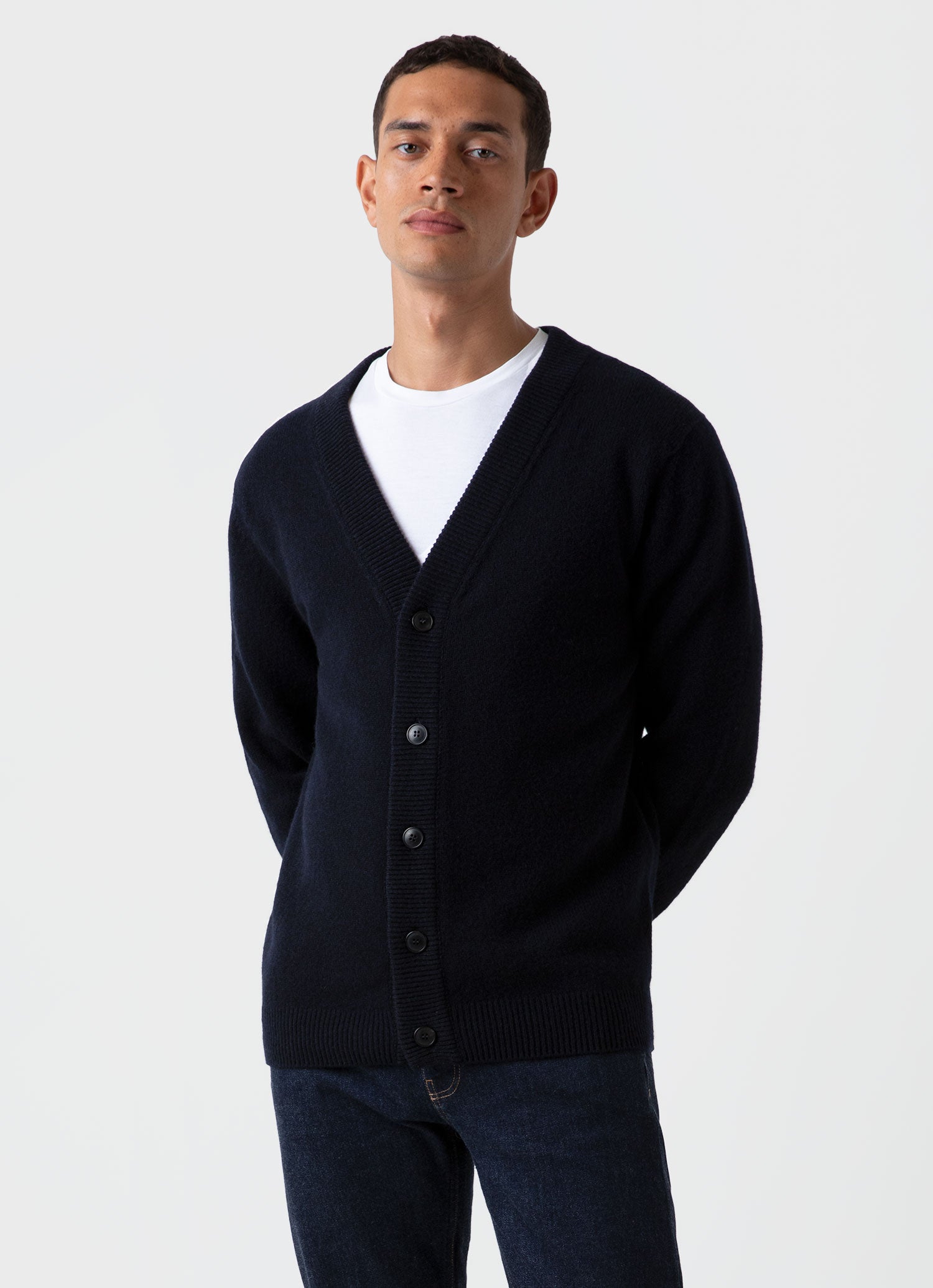 Men's Lambswool Cardigan in Dark Navy Mouline | Sunspel