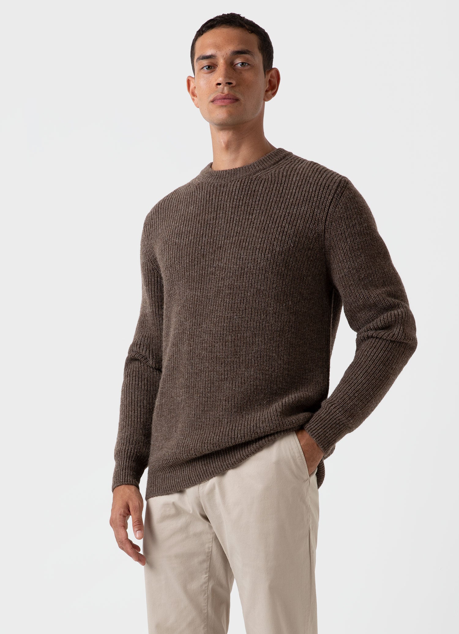 Men's Luxury British Wool Jumper in Natural Brown | Sunspel