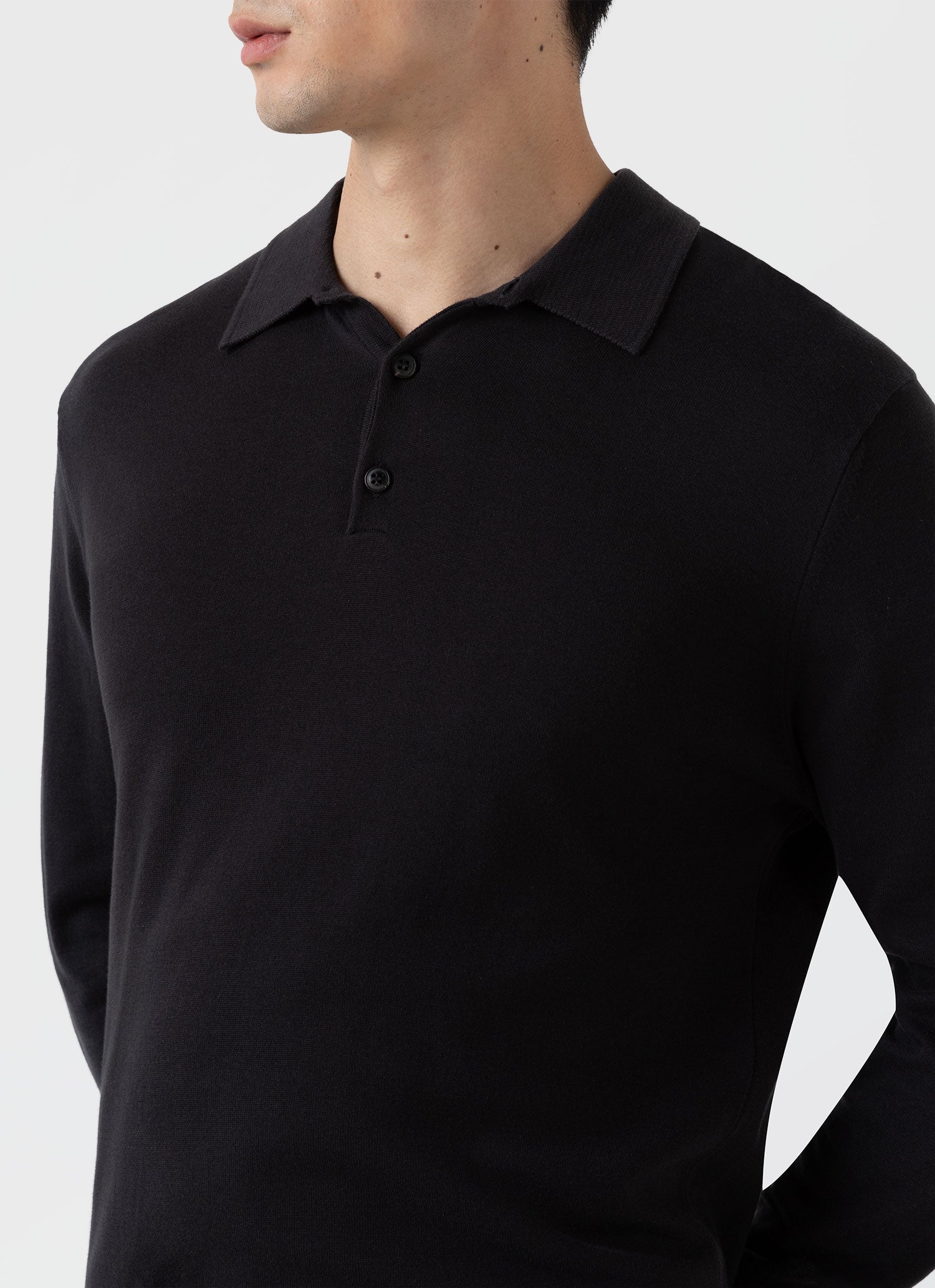Men's Long Sleeve Sea Island Cotton Polo Shirt in Black | Sunspel