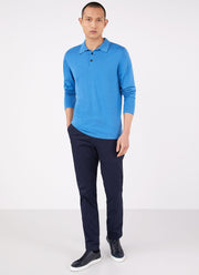 Men's Sea Island Cotton Long Sleeve Polo Shirt in Lake Blue