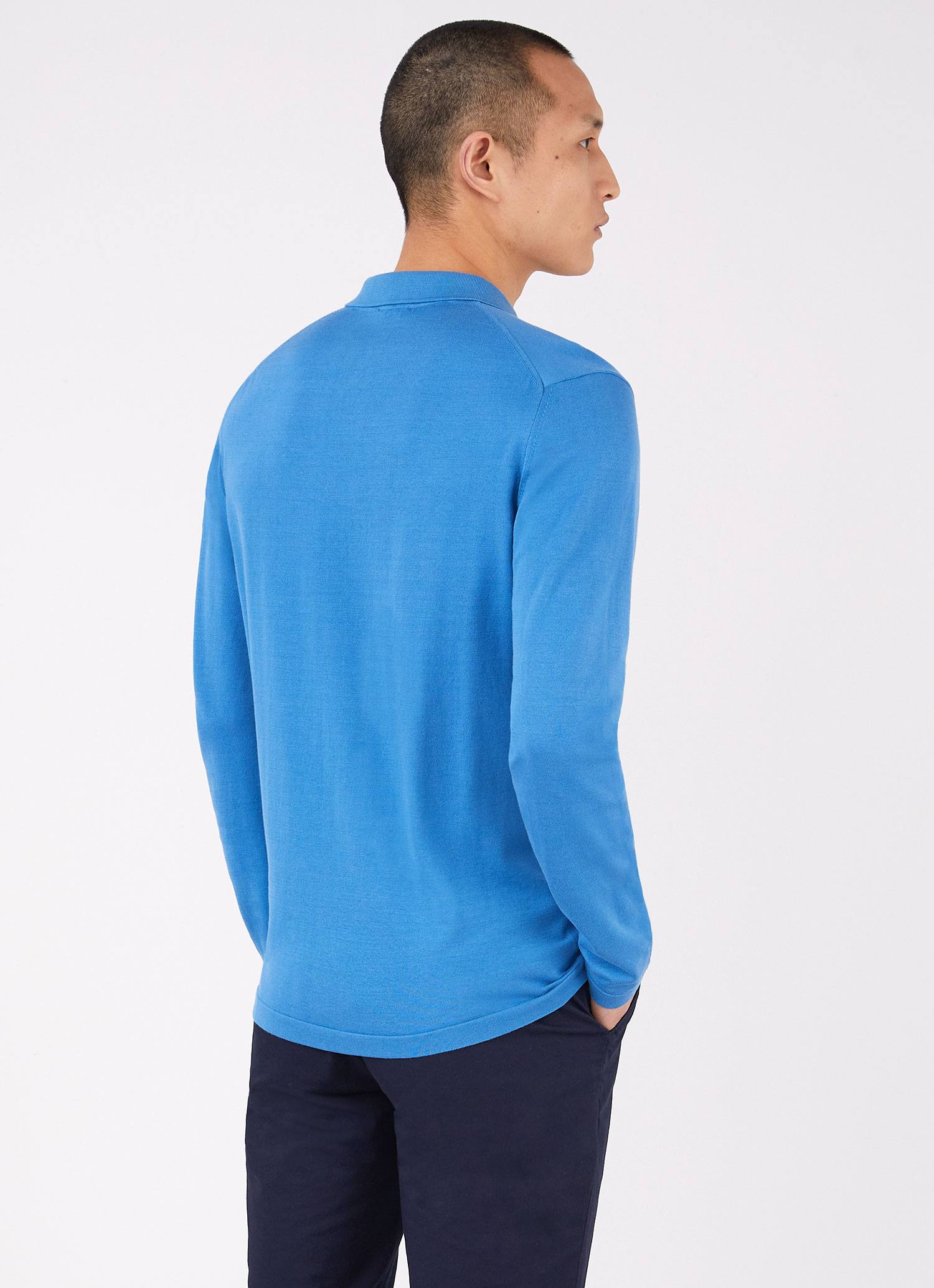 Men's Sea Island Cotton Long Sleeve Polo Shirt in Lake Blue