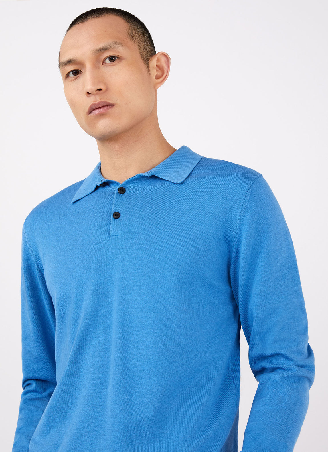 Men's Sea Island Cotton Long Sleeve Polo Shirt in Lake Blue