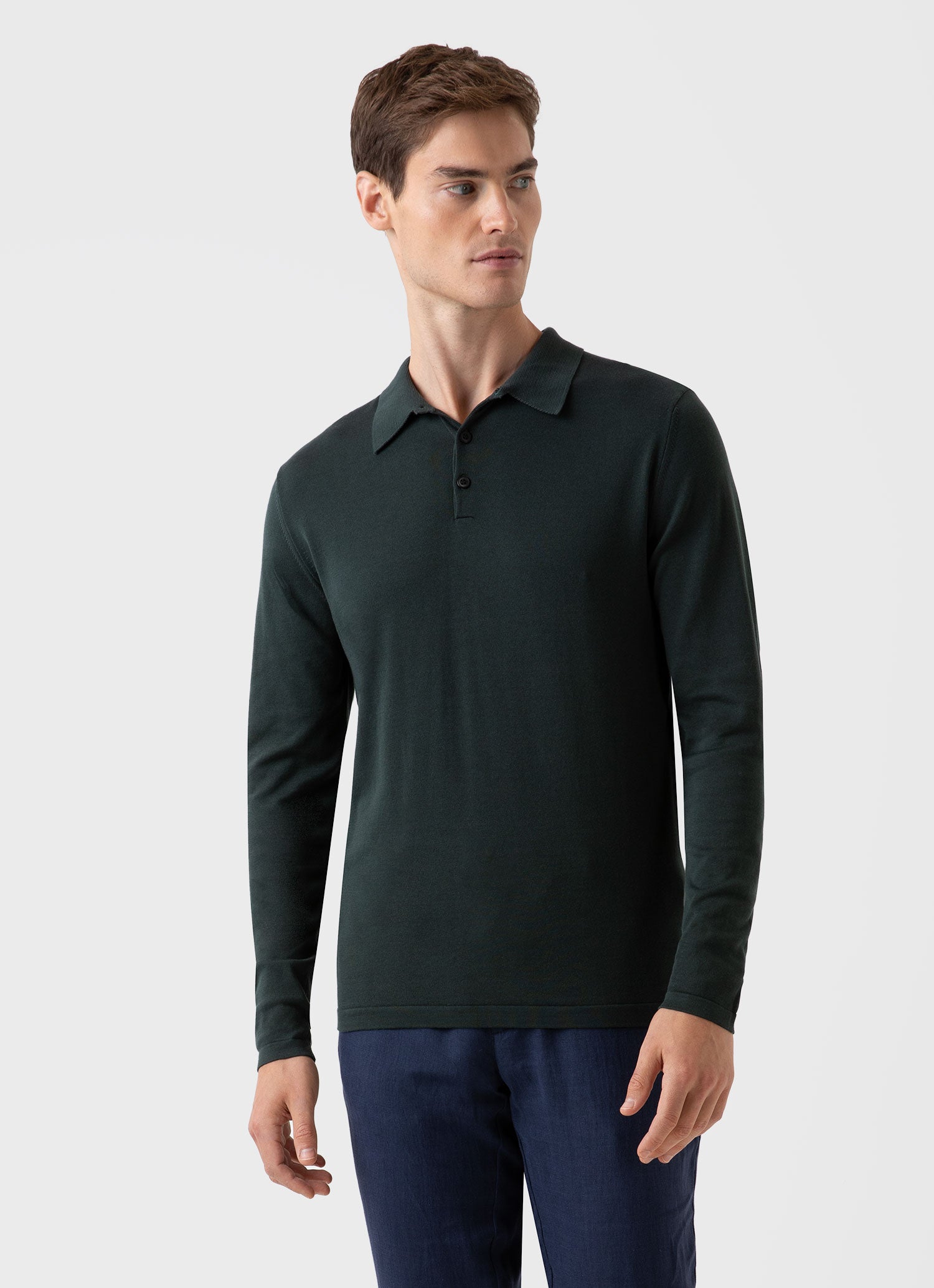 Men's Sea Island Cotton Long Sleeve Polo Shirt in Seaweed | Sunspel