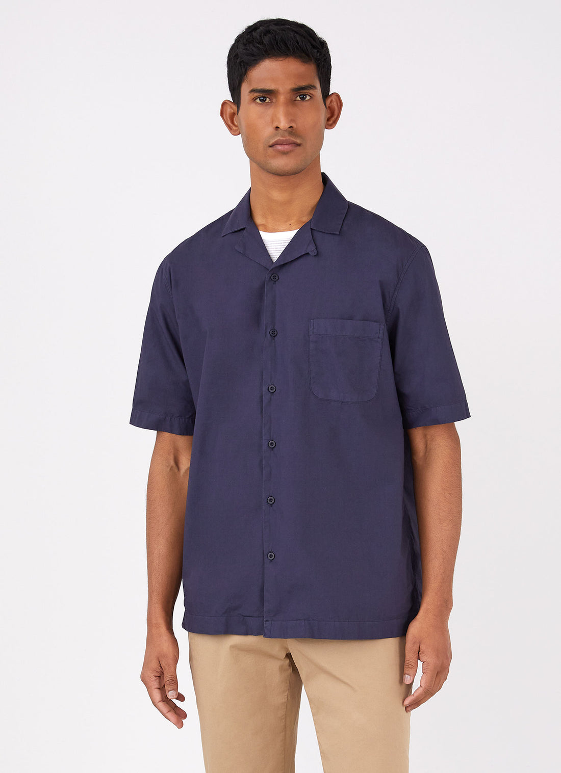 Men's Poplin Camp Collar Shirt in Navy