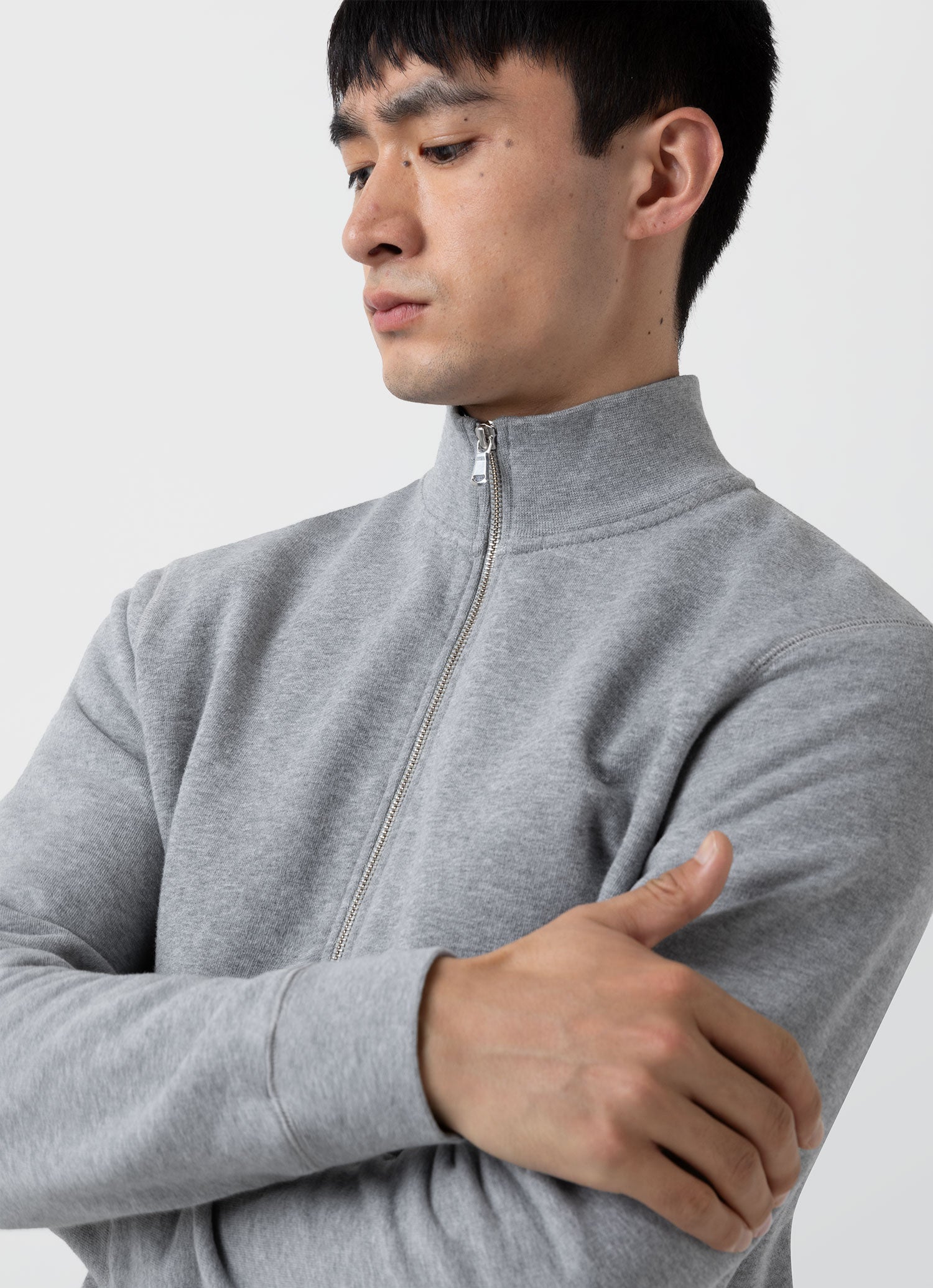 Men's Half Zip Loopback Sweatshirt in Grey Melange | Sunspel