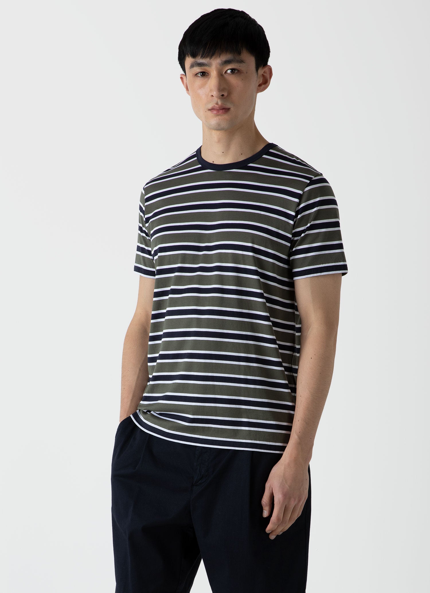 Men's Classic T-shirt in Navy/Hunter Green Holiday Stripe | Sunspel