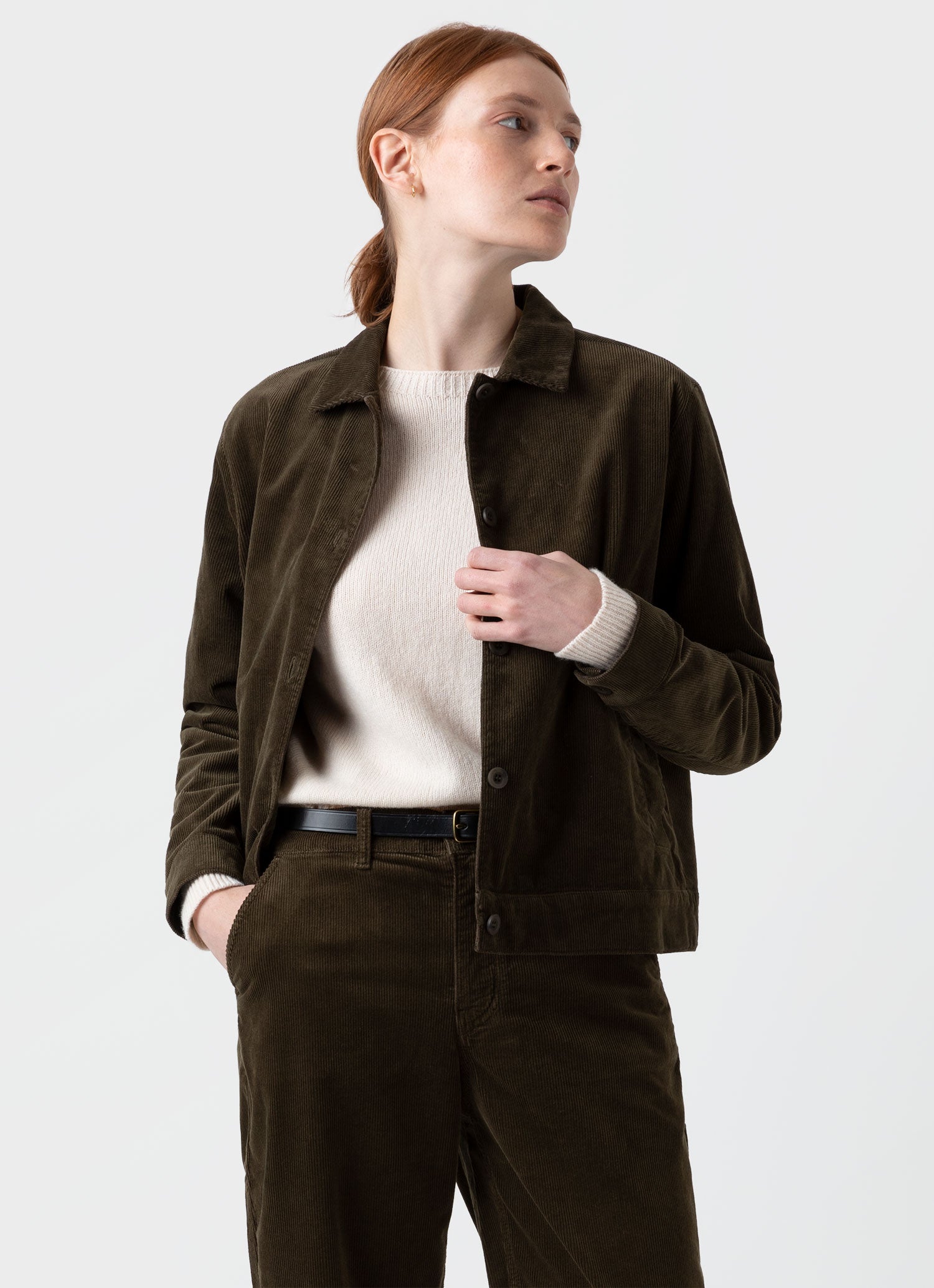 Women's Corduroy Boxy Jacket in Dark Moss | Sunspel