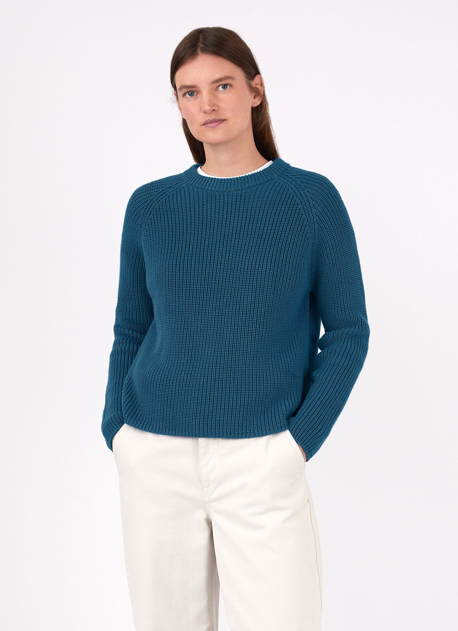 Women's Boxy Crew Neck Jumper in Lagoon Blue | Sunspel