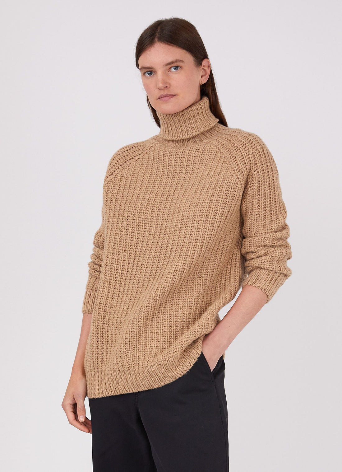 Women's Chunky Roll Neck Jumper in Light Camel