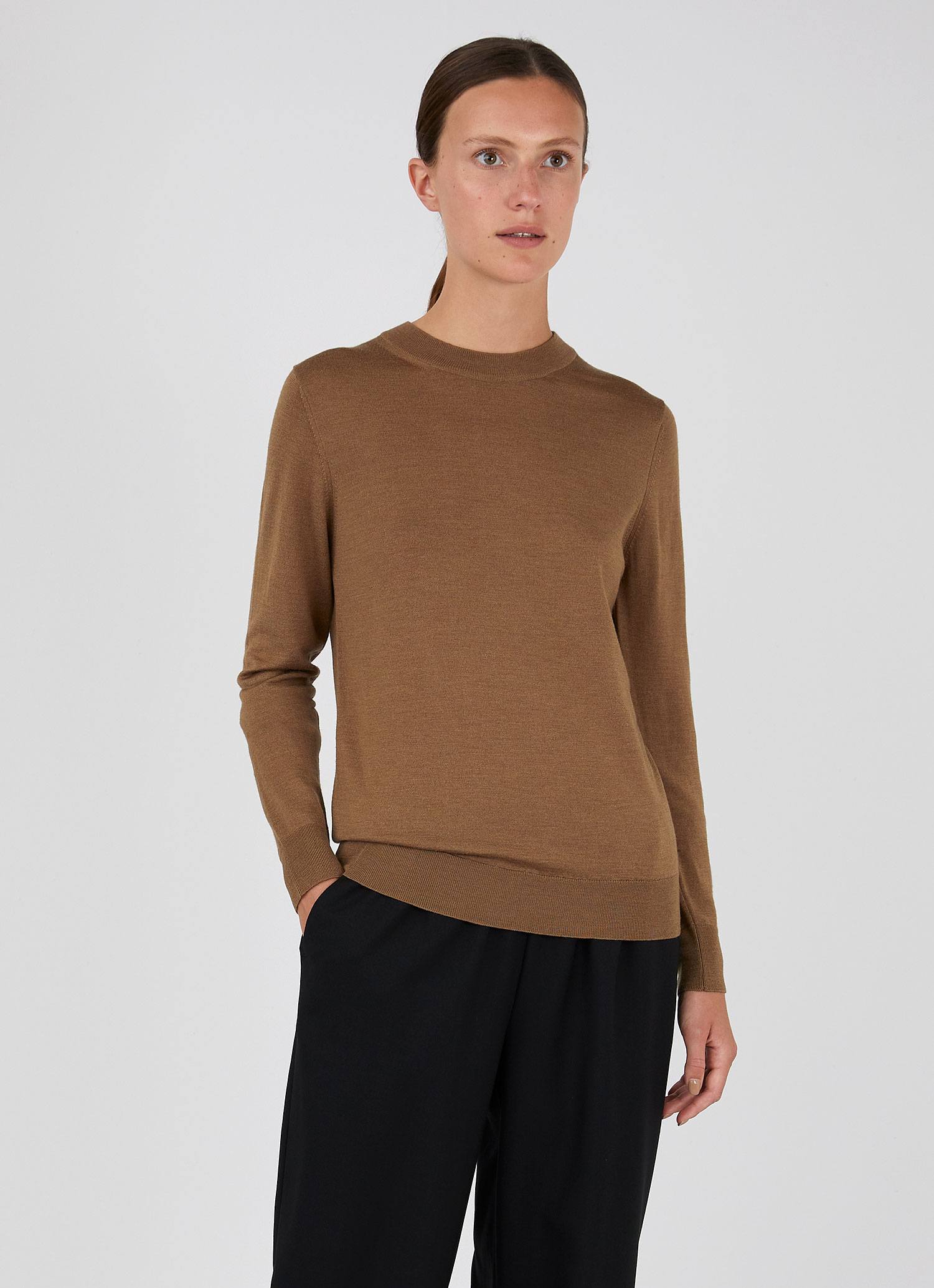 Women's Merino Silk Crew Neck jumper in Dark Tan